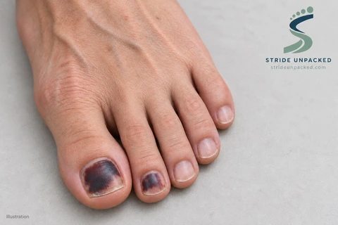 Educational illustration of bruising beneath the big and second toenails, with the other three nails unaffected and Stride Unpacked branding.