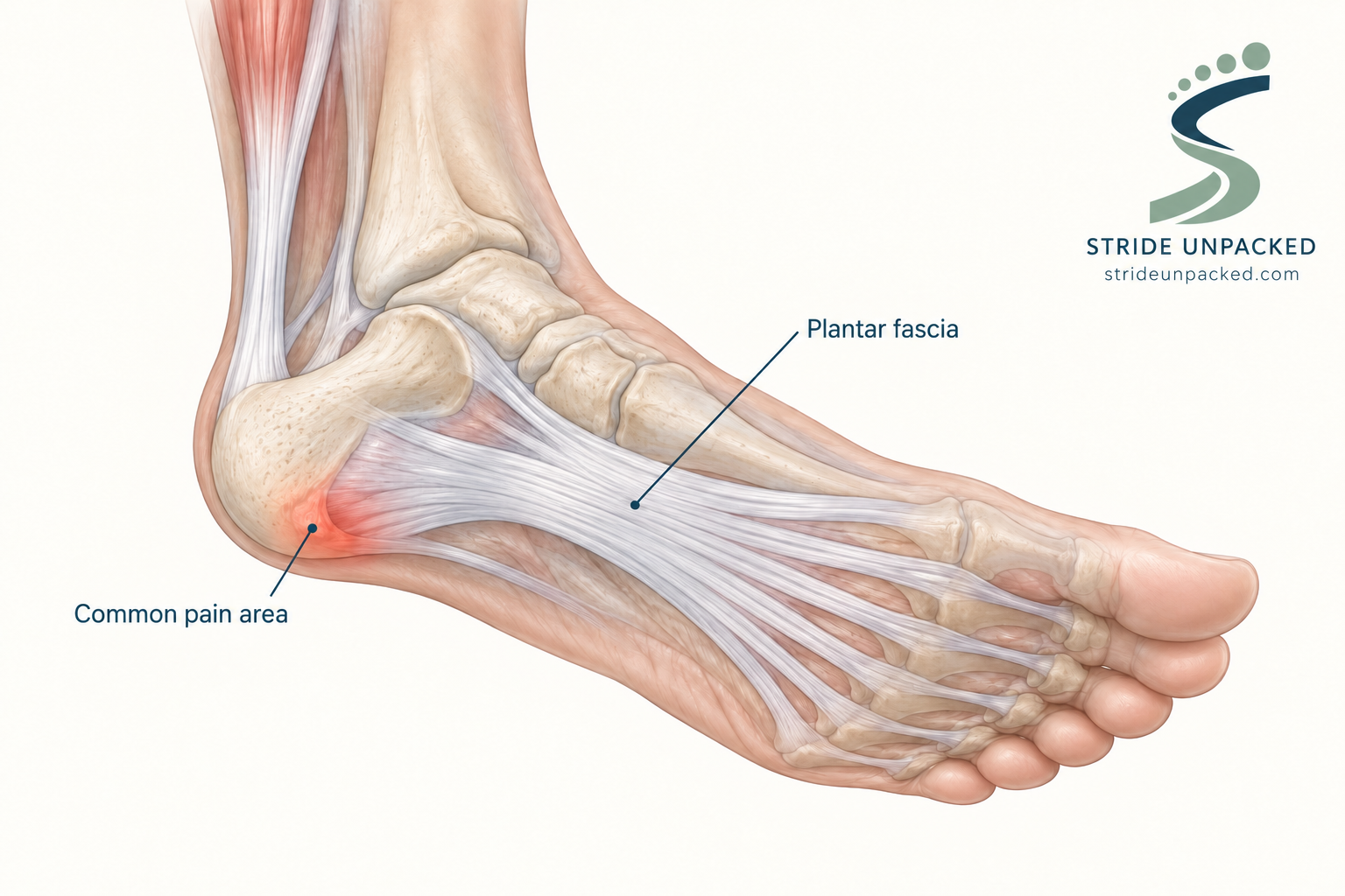 Illustration of the plantar fascia along the sole, with its heel attachment highlighted as a common pain area, and Stride Unpacked branding.