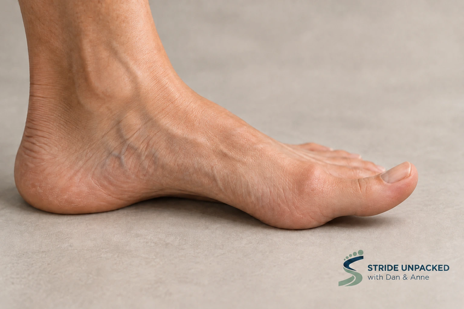 Photorealistic educational illustration showing a slightly raised big toe and a skin-coloured bony prominence on top of its base joint, with Stride Unpacked branding.