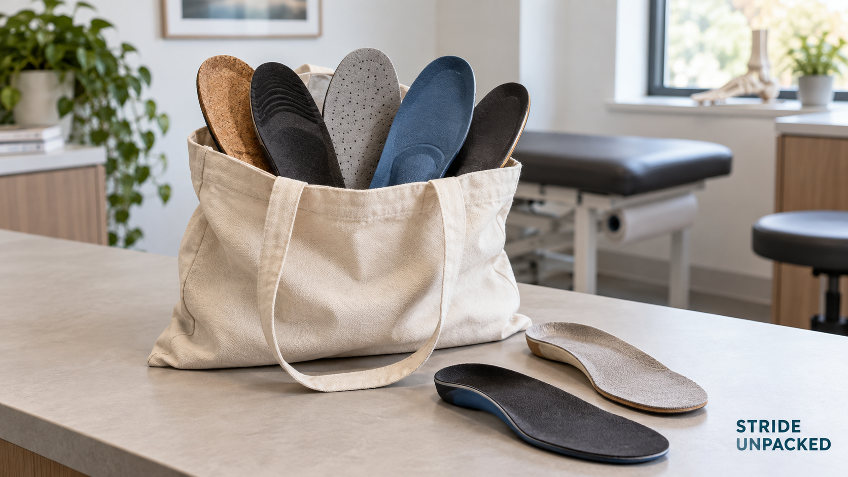 AI-generated photorealistic editorial image of a canvas bag containing assorted shoe insoles in a clinic, with a Stride Unpacked watermark.