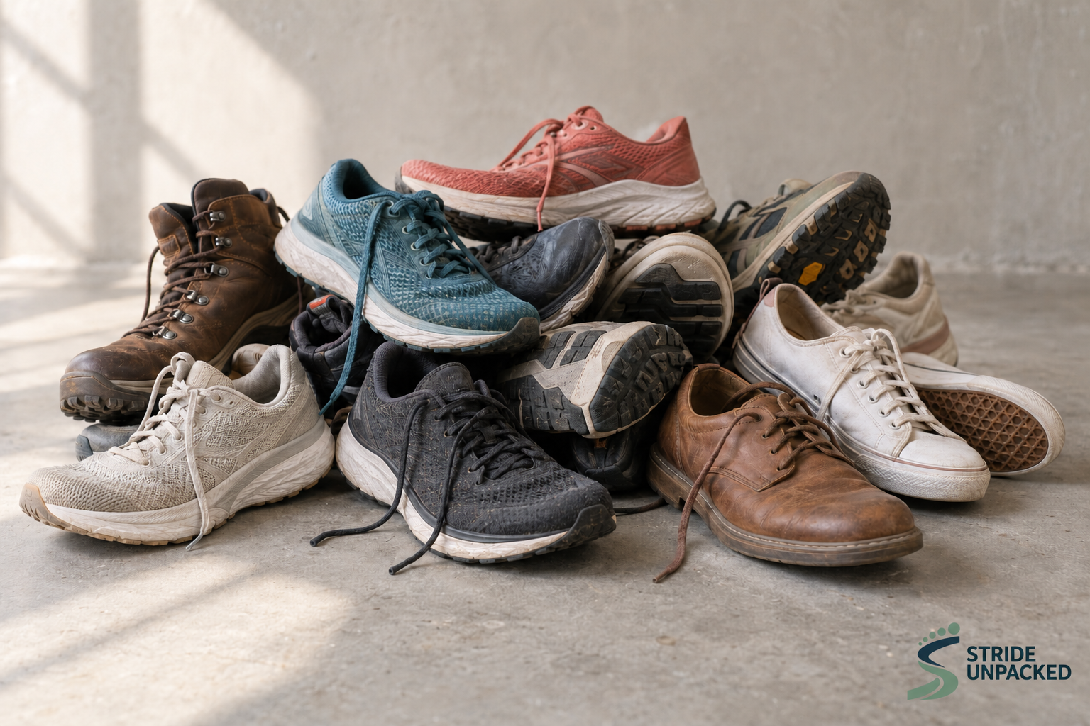 AI-generated editorial photograph of a casually piled collection of trainers, walking boots and everyday shoes, with the Stride Unpacked logo and wording.