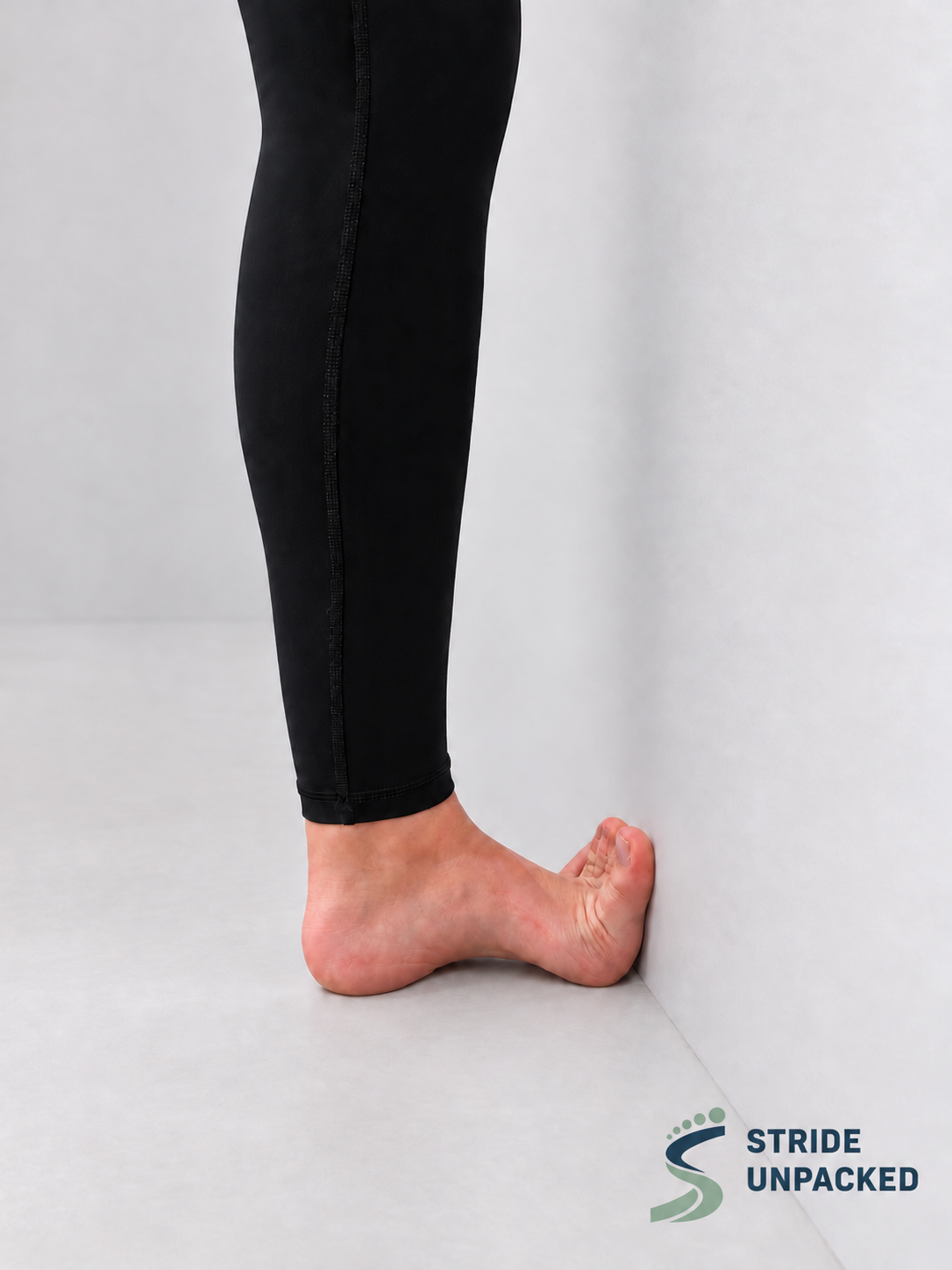Side view of a standing plantar-fascia stretch, with toes raised against a wall and heel resting on the floor.