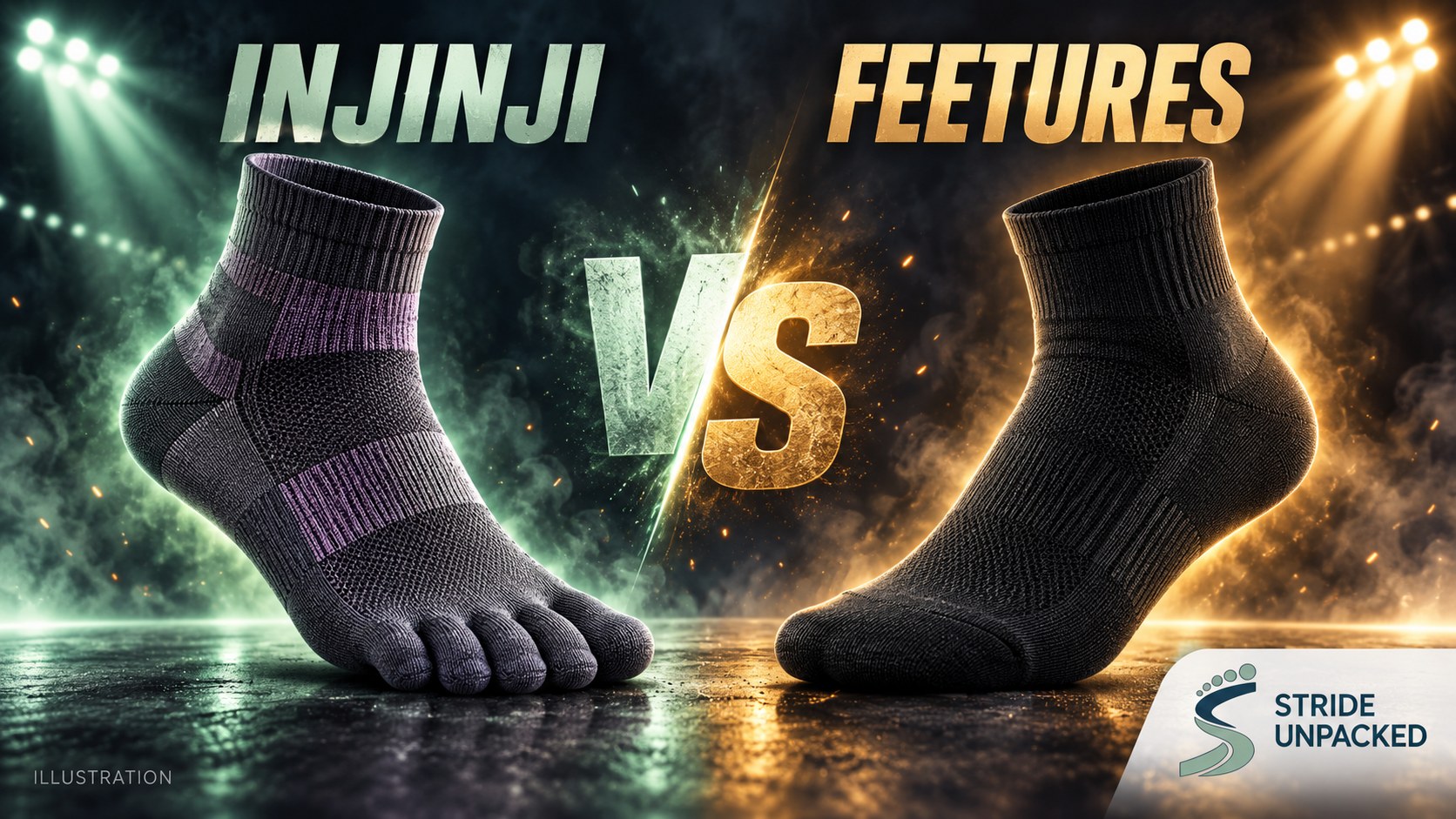 Illustrated Injinji toe sock versus Feetures running sock showdown, with Stride Unpacked logo.