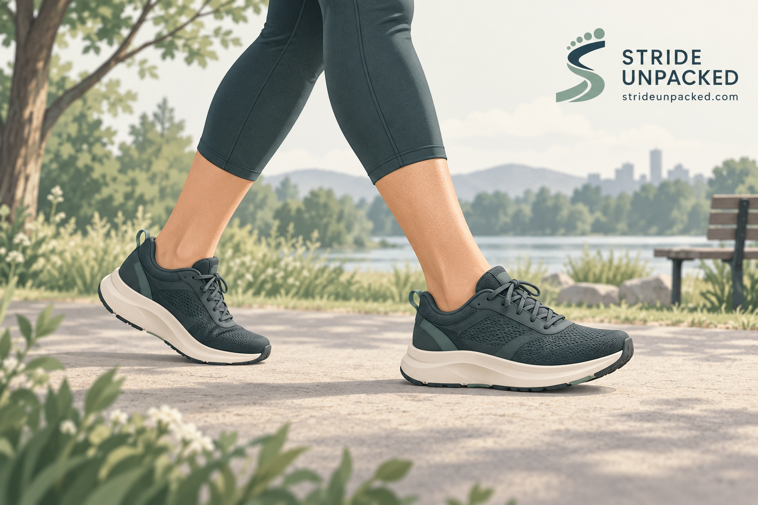 Illustration of an adult walking in cushioned trainers on a flat park path, with Stride Unpacked branding.