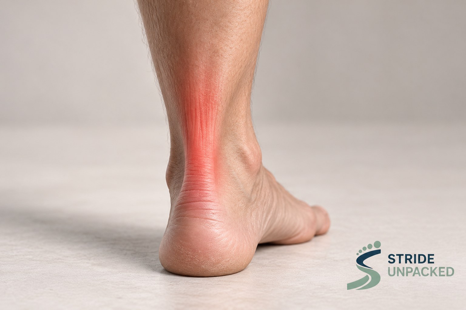 AI-generated illustration in a photographic style showing the back of a lower leg and heel, with a red overlay marking the Achilles area and Stride Unpacked branding.